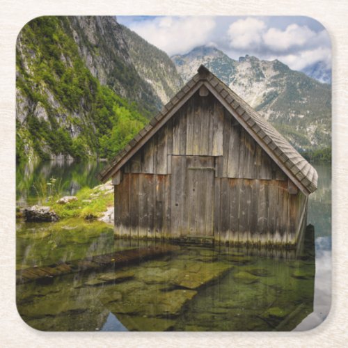 Boathouse in Obersee lake in Alps in Germany Square Paper Coaster