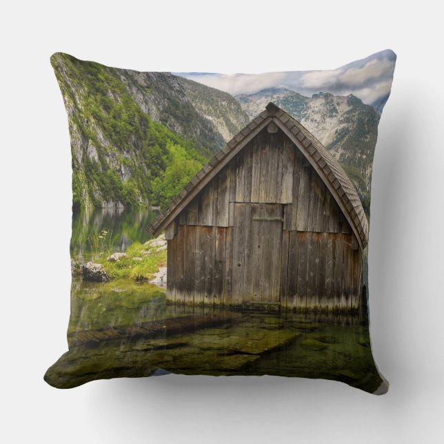 Boathouse in Obersee lake in Alps in Germany Throw Pillow (Front)