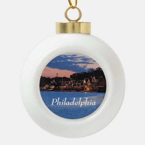 Boathouse Row dusk Ceramic Ball Christmas Ornament