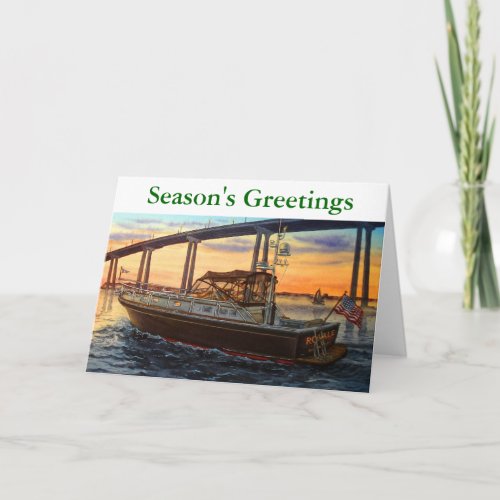 BOATING AT SUNSETCORONADO BRIDGE HOLIDAY CARD