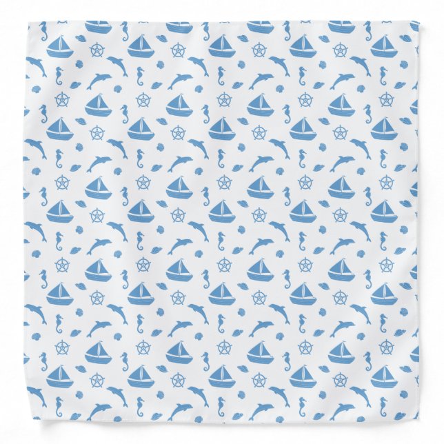 Boats and Dolphins Nautical Pattern Blue White Bandana (Front)