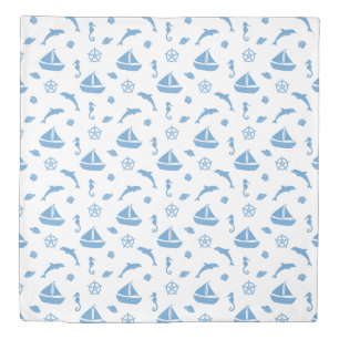 Boats and Dolphins Nautical Pattern Blue White Duvet Cover