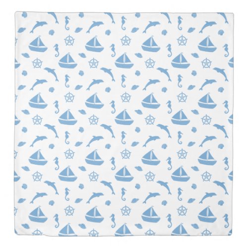 Boats and Dolphins Nautical Pattern Blue White Duvet Cover