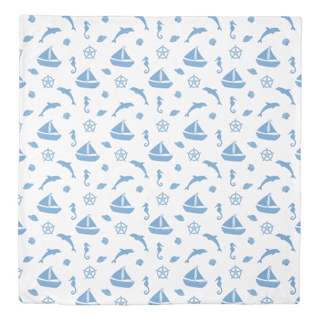 Boats and Dolphins Nautical Pattern Blue White Duvet Cover (Front)