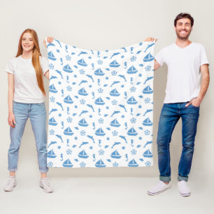 Boats and Dolphins Nautical Pattern Blue White Fleece Blanket
