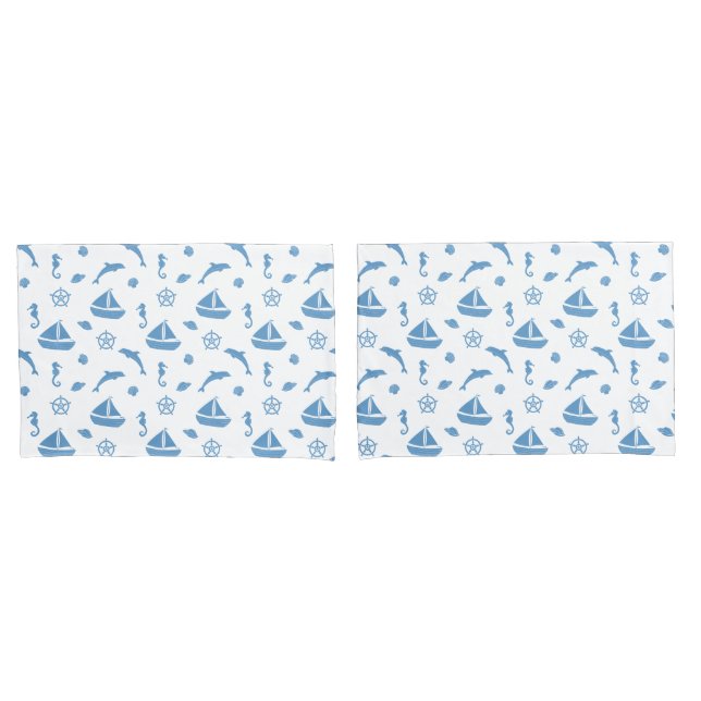 Boats and Dolphins Nautical Pattern Blue White Pillow Case (Front-Set)