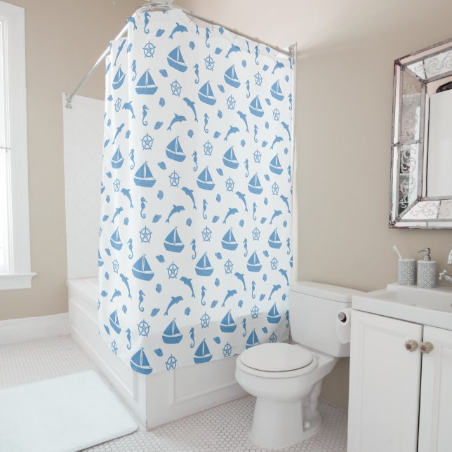 Boats and Dolphins Nautical Pattern Blue White Shower Curtain (In Situ)