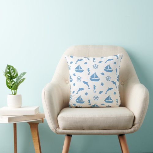 Boats and Dolphins Nautical Pattern Blue White Throw Pillow