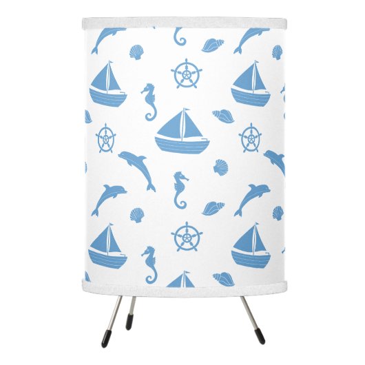 Boats and Dolphins Nautical Pattern Blue White Tripod Lamp (Left)