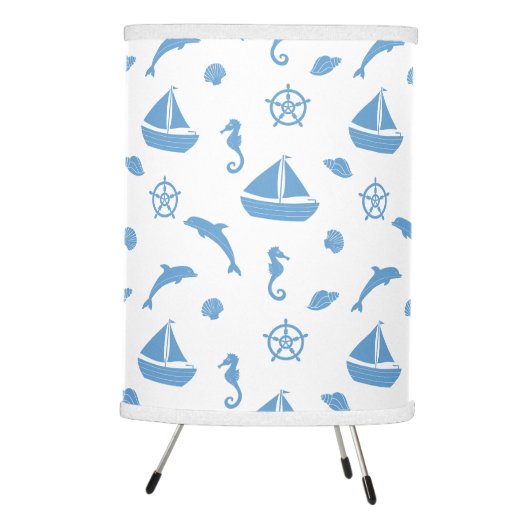 Boats and Dolphins Nautical Pattern Blue White Tripod Lamp (Right)