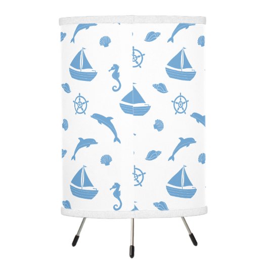 Boats and Dolphins Nautical Pattern Blue White Tripod Lamp (Back)