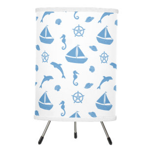 Boats and Dolphins Nautical Pattern Blue White Tripod Lamp