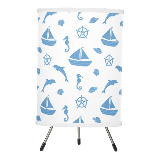 Boats and Dolphins Nautical Pattern Blue White Tripod Lamp (Front)
