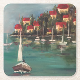 Boats and Red Roofs in Italy, Oil Painting Square Paper Coaster