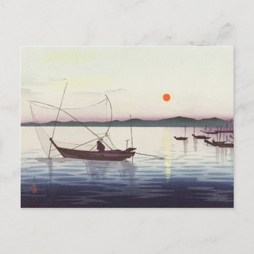 Boats and Setting Sun Painting by Ohara Koson Postcard