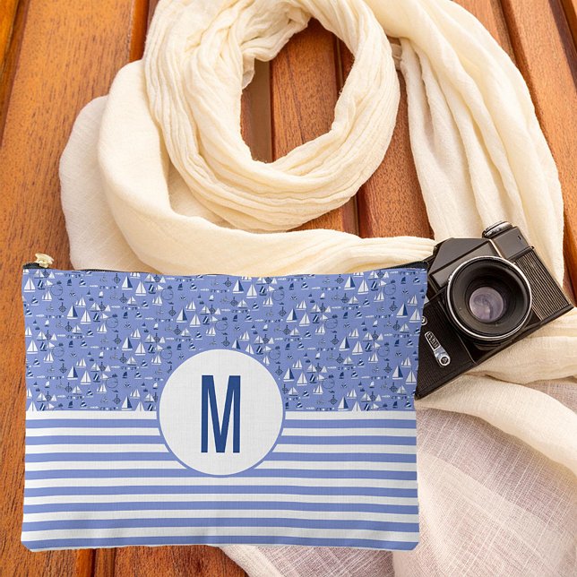 Boats and stripes nautical monogram accessory pouch (Creator Uploaded)