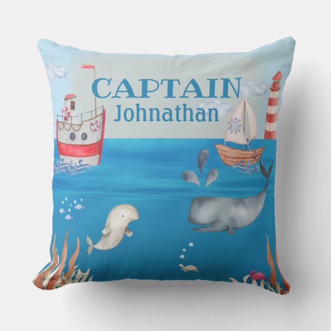 Boats and Under the Sea Cute Nautical Theme Throw Pillow (Front)