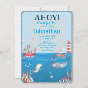 Boats and Under the Sea Watercolor Boy Birthday Invitation