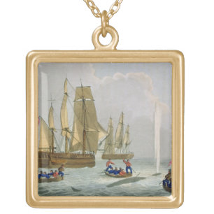 Boats Approaching a Whale, engraved by Matthew Dub Gold Plated Necklace
