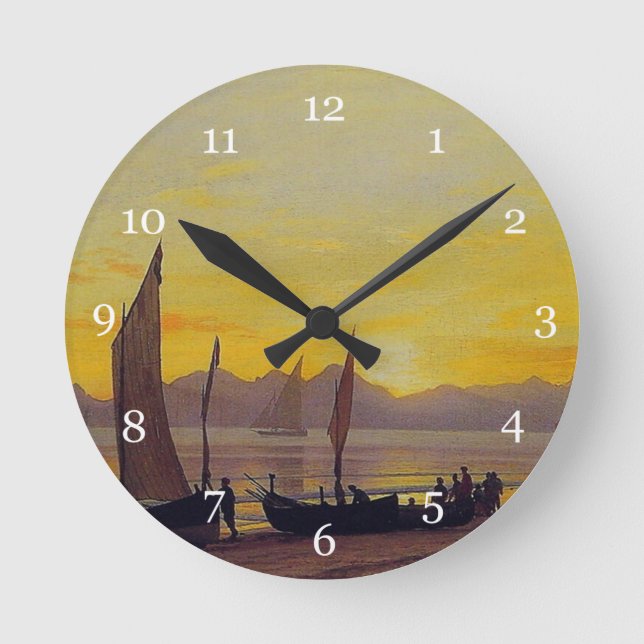 Boats Ashore at Sunset, Albert Bierstadt. Round Clock (Front)