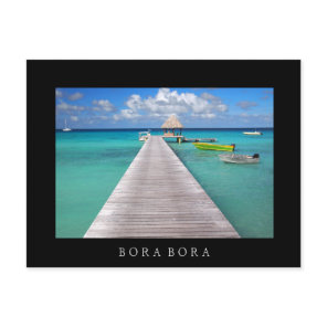 Boats at a jetty in Bora Bora black text postcard