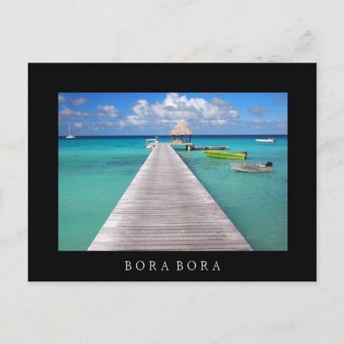 Boats at a jetty in Bora Bora black text postcard