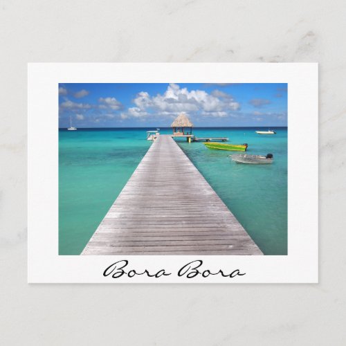 Boats at a jetty in Bora Bora white postcard