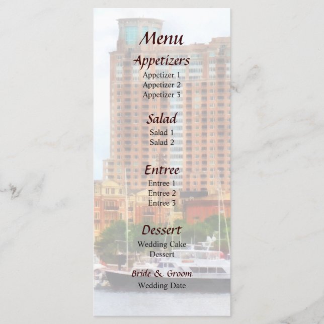 Boats at Inner Harbor Baltimore MD Wedding Menu (Front)