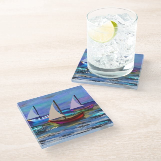 Boats at sea fleece blanket throw pillow glass coaster (Angled)