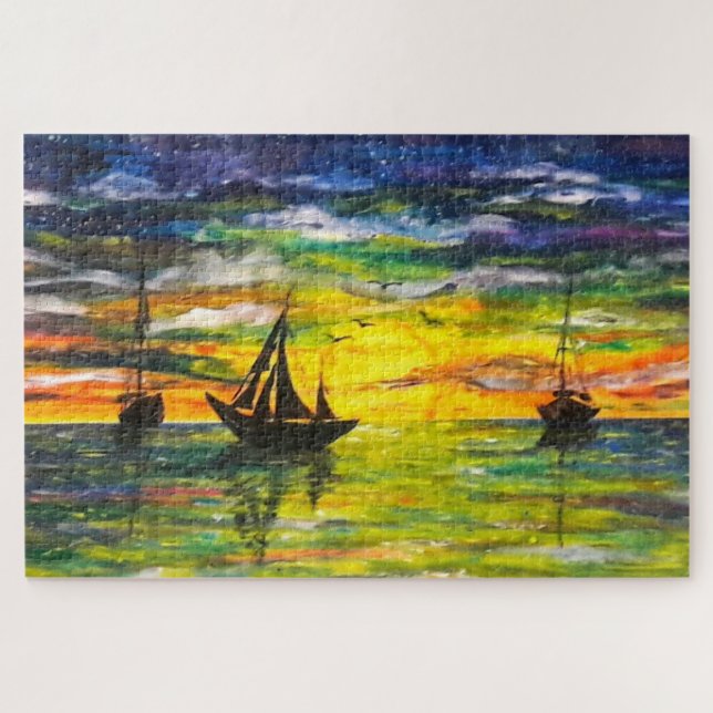 Boats At Sunset Puzzle - Painting (Horizontal)