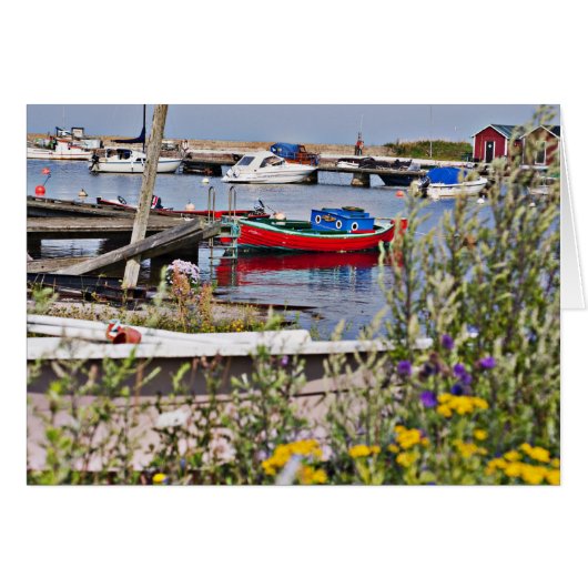 Boats docked in small harbor cards (Front Horizontal)
