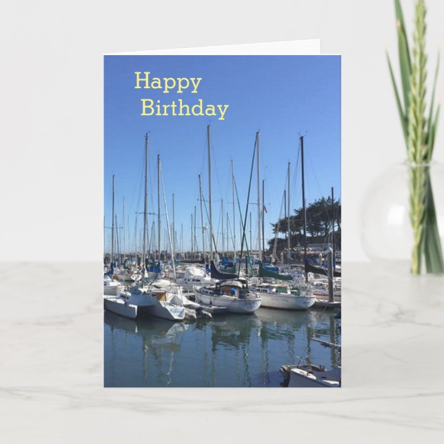 Boats in Harbor Happy Birthday Greetings Card (Front)