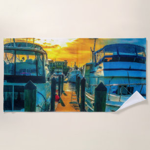 Boats in the Harbor Sunset Beach Towel