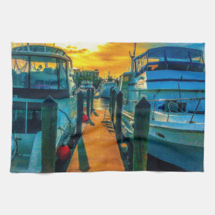 Boats in the Harbor Sunset Kitchen Towel