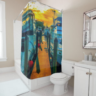 Boats in the Harbor Sunset Shower Curtain