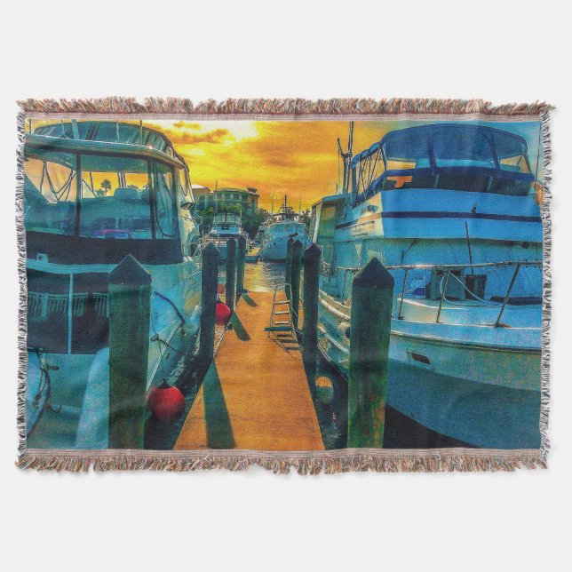 Boats in the Harbor Sunset Throw Blanket (Front)