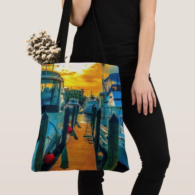 Boats in the Harbor Sunset Tote Bag (Close Up)
