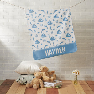 Boats Nautical Pattern Blue White Personalised Baby Blanket