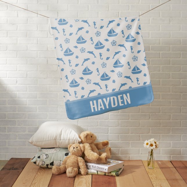 Boats Nautical Pattern Blue White Personalised Baby Blanket (In Situ)