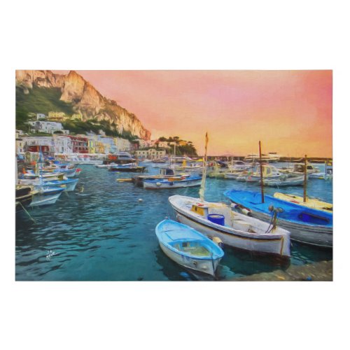 Boats of Capri Italy Marina Grande Blue Orange Faux Canvas Print