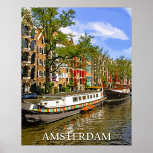 Boats on Canal in Amsterdam Vintage Travel Poster