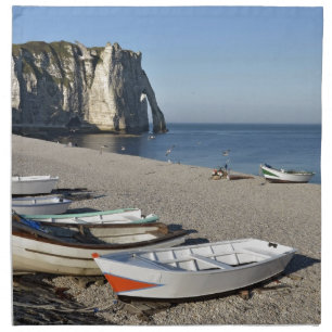 Boats on pebble beach of Etretat Cloth Napkin