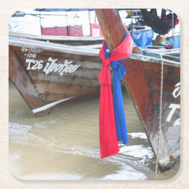 Boats On The Beach | Phi Phi Islands, Thailand Square Paper Coaster (Front)