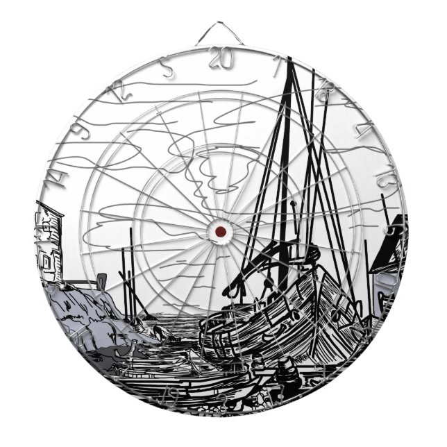 boats on the sea dartboard with darts (Front)