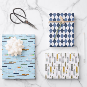 Boats ships sailboats On the River w argyle Wrapping Paper Sheets