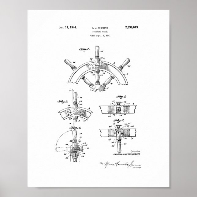 Boat's Steering Wheel Patent Poster (Front)