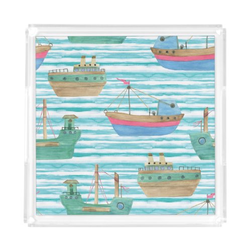 Boats Stripes Watercolor Painting Pattern Acrylic Tray