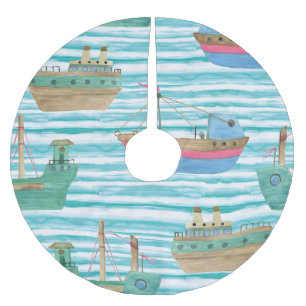Boats Stripes: Watercolor Painting Pattern. Brushed Polyester Tree Skirt