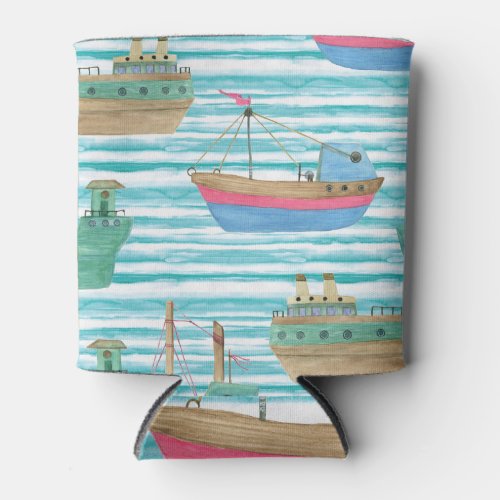 Boats Stripes Watercolor Painting Pattern Can Cooler