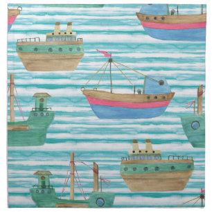 Boats Stripes: Watercolor Painting Pattern. Cloth Napkin